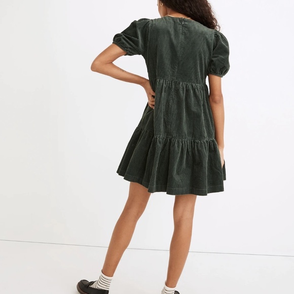 Madewell: Corduroy Aidy Square-Neck Tiered Mini Dress in Forest - Picture 3 of 9